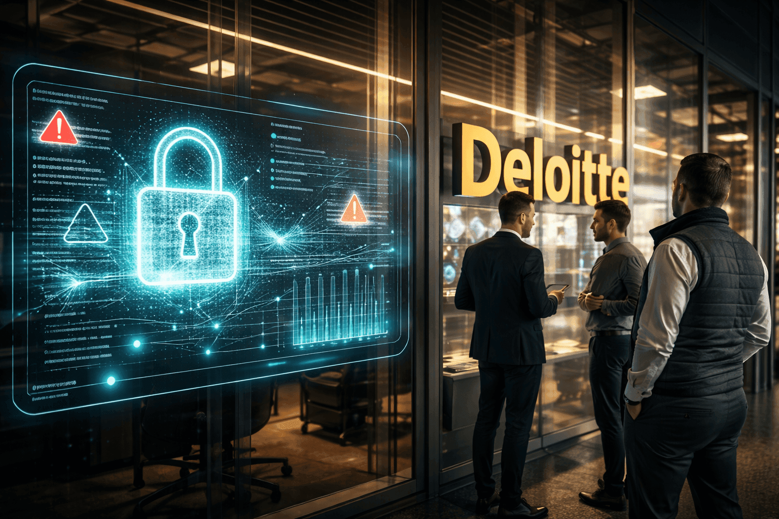 Drie zakenmensen in overleg bij een kantoor met het Deloitte-logo, naast een digitaal slot met waarschuwingssymbolen